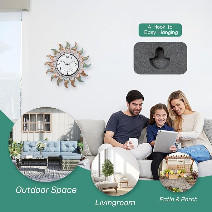Outdoor Clock with Thermometer and Hygrometer Combo, 13 Inch Bronze Sun Outdoor Wall Clock Waterproof, Silent No-Ticking Outdoor Clocks for Patio, Living Room, Kitchen, Garden