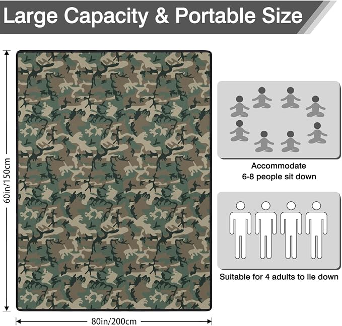 Camo Picnic Blankets Waterproof Foldable60’‘x80'', Portable Outdoor Picnic Mat Water Resistant for Grass,Padded Lawn & Park Blanket for Camping,Hunting Gifts for Men