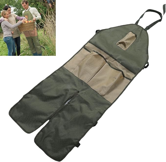 Apron for Long Gardening, Gardening Apron with Adjustable Leg Protector, Six Pockets 600D Oxford Cloth Water Proof for Garden Outdoor Work, Lawn Care, Pruning (Green with Khaki Pockets)