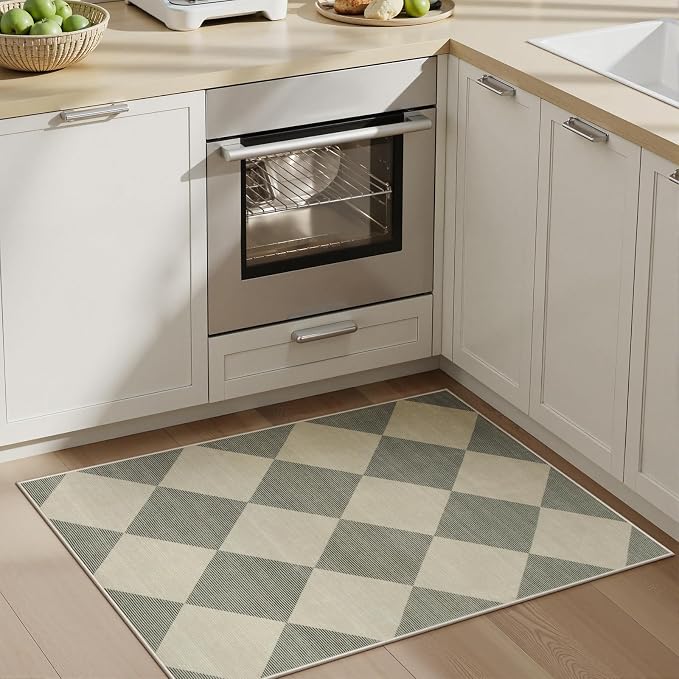 Beeiva Checkered Washable Entryway Rug 2x3, Non Slip Ultra Thin Green Front Door Mat Indoor Entrance Low Pile Small Kitchen Rug, Moroccan Contemporary Decor Neutral Accent Carpet for Bedroom Bathroom