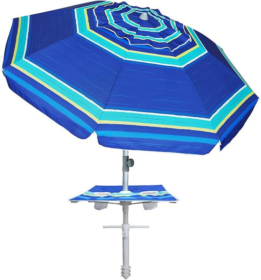AMMSUN 7ft Heavy Duty High Wind Beach Umbrella with sand anchor, Built-in Table Tray Vent Tilt Pole, UPF 50+ Windproof Portable Outdoor Umbrellas Carry Bag for Patio Garden Pool Backyard stripe