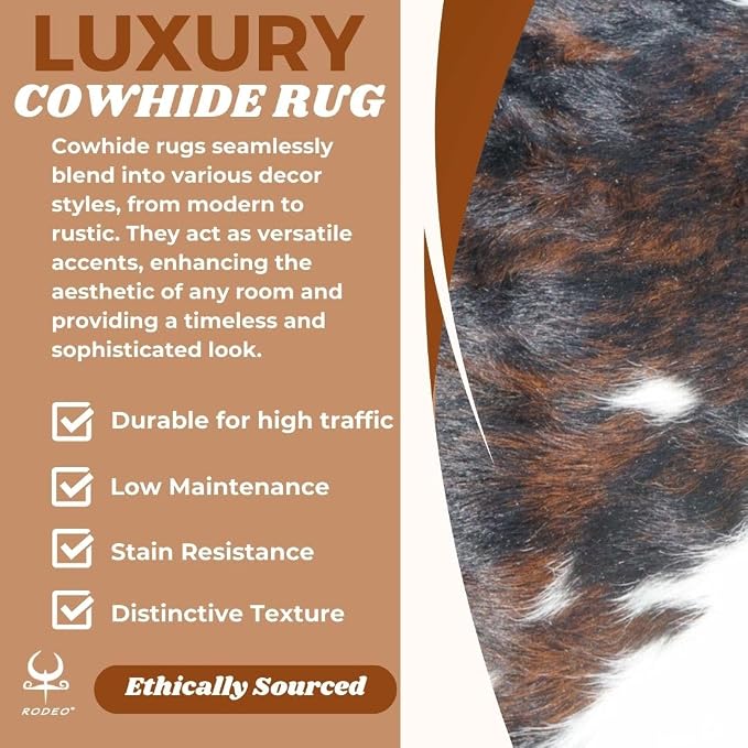 rodeo Genuine Cowhide 6x8 ft – Real Cow Hide Rug Dark Tricolor Brindle – Natural Hair-on Cow Skin Area Rug for Living Room, Western Rug Home Décor, Rustic Brown and White Cow Print Carpet