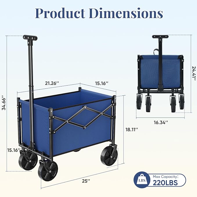 OLIXIS Collapsible Wagon Cart with Wheels 220 lbs Capacity, Heavy Duty Mini Foldable Portable Wagon with Adjustable Handle, Small Foldable Cart for Camping, Garden, Sports, Beach, Shopping - Blue