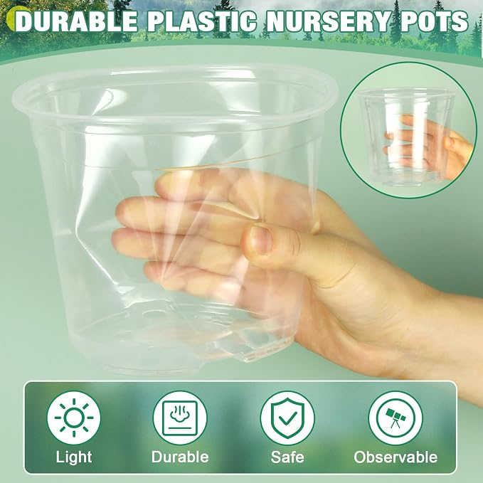 RAOOKIF 10/8/6/5 Inch Clear Nursery Pots with Drainage Hole, 16 Pack Large Nursery Pots for Plants for Indoor Outdoor, Plastic Clear Plant Pots for Flowers, Seedings, Succulents, Vegetables