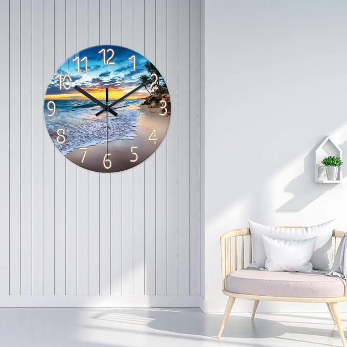 24 Inch Glass Large Wall Clocks for Living Room Decor | Palm Tree Battery Wall Clock Battery Operated Modern Coastal Blue Wall Clock Silent Non Ticking