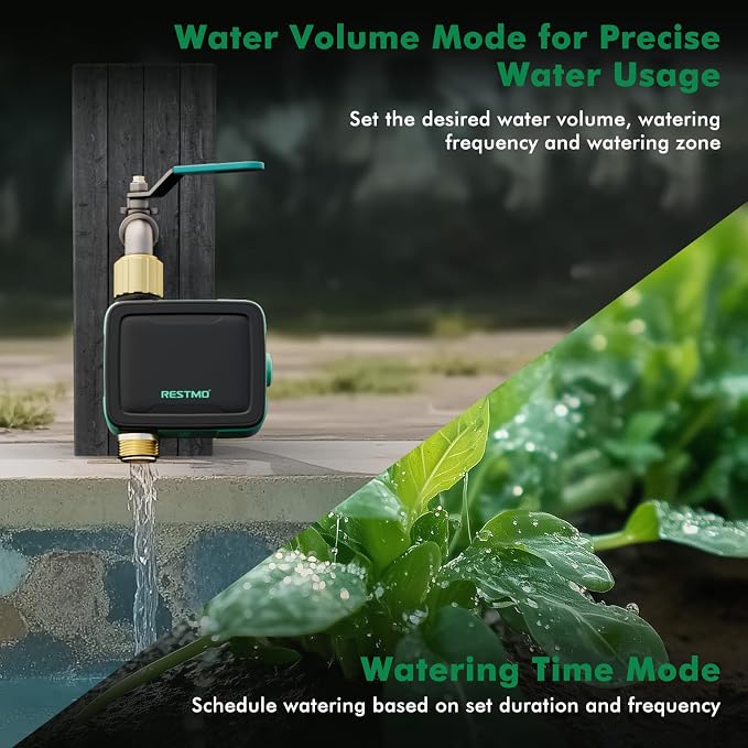 RESTMO WiFi Smart Sprinkler Timer with APP Remote Control for Garden Hose | 1-Zone, Built-in flow meter, 2.4GHz WiFi connection, automatic drip irrigation for lawn & outdoor yard