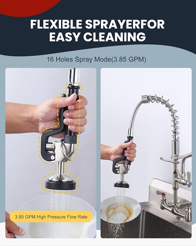 Black and Brushed Nickel Pre Rinse Sprayer with 7/8"-20UNEF Handle Grip Assembly, 1.42 GPM High Pressure Pull Down Spray Head, Handheld Dish Sprayer Nozzle Replacement Part for Commercial Sink Faucet