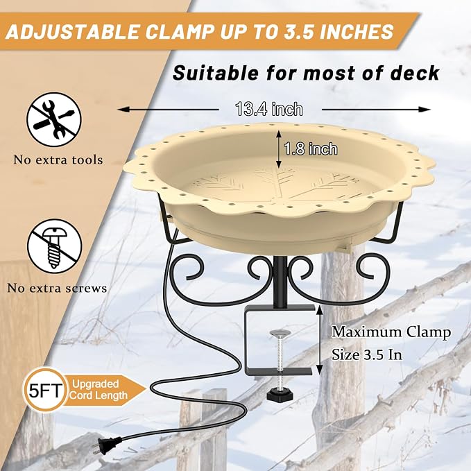 Heated Bird Baths for Outdoors, 100W Heated Bird Bath for Deck Railing, Heated Birdbath with Thermostat Control, Heated Bird Bath for Outside Winter Garden Patio Yard (Yellow)