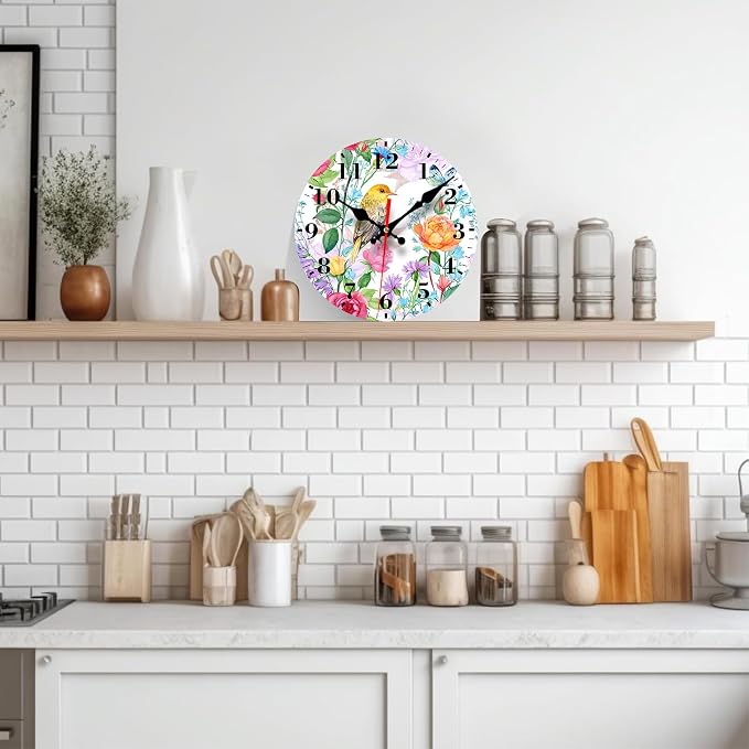 Wall Clocks Battery Operated, Colorful Flowers and Bird Silent Non Ticking Decorative Indoor Outdoor Wall Clocks for Living Room Kitchen Bedroom Bathroom 12"