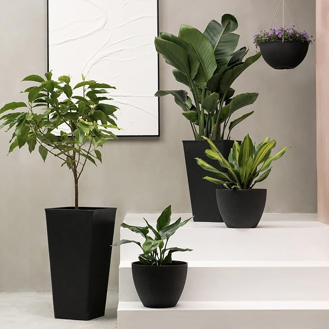 LA JOLIE MUSE Hanging Planters for Outdoor Plants, Large Hanging Planter with Drain Holes, Black Hanging Flower Pots (13.2 Inch, Set of 2)