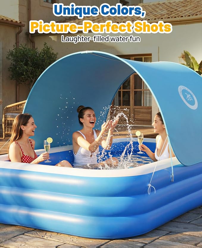HeySplash Inflatable Pool, Swimming Pool 118" x 69" x 24" Blue | Thickened Blow Up Pool with Canopy, Large Family Pool for Outdoor Backyard Garden Party Summer Fun Adults Kids