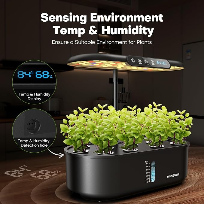 Ahopegarden Hydroponics Growing System: 12 Pods Temp ＆ Humidity Display | Plant Germination Kit with LCD Display and LED Grow Light for Planter Grower, Lettuce & Cherry Tomato Growth Enhancer