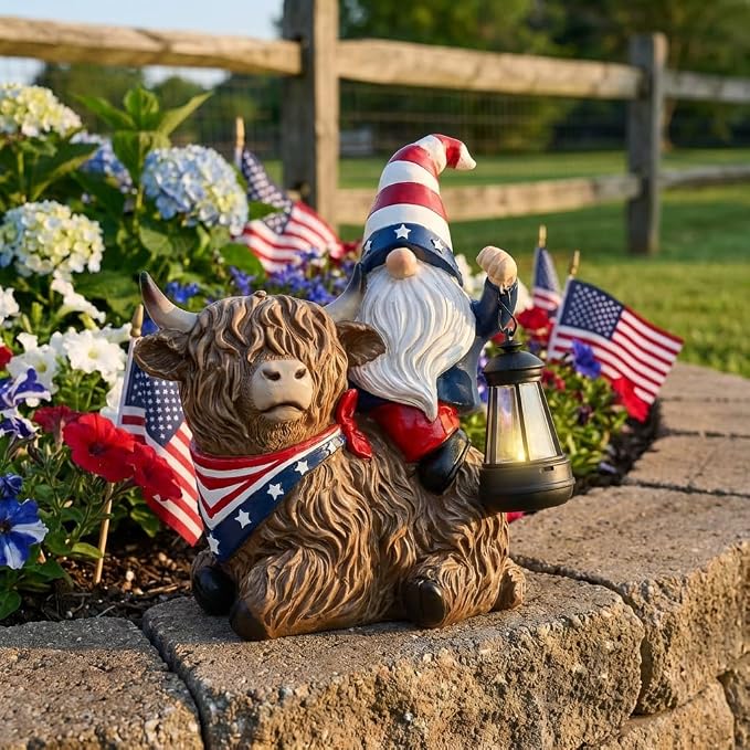 TERESA'S COLLECTIONS 4th of July Highland Cow Gnome Decorations with Solar Lantern, Memorial Day Resin Garden Yak Figurine for Home, Patriotic Independence Day USA 250th Anniversary Outdoor Decor 10"