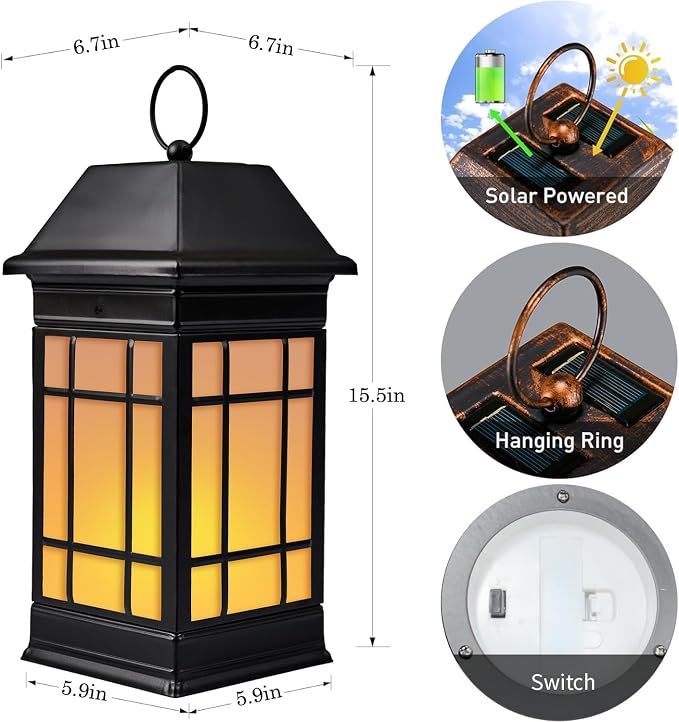 15.5" Solar Lantern Outdoor Waterproof, Glass Flickering Flame Solar Lanterns, Hanging Metal Lantern Decorative for Patio Front Porch Garden Backyard Tabletop Mothers Day Gifts Mom