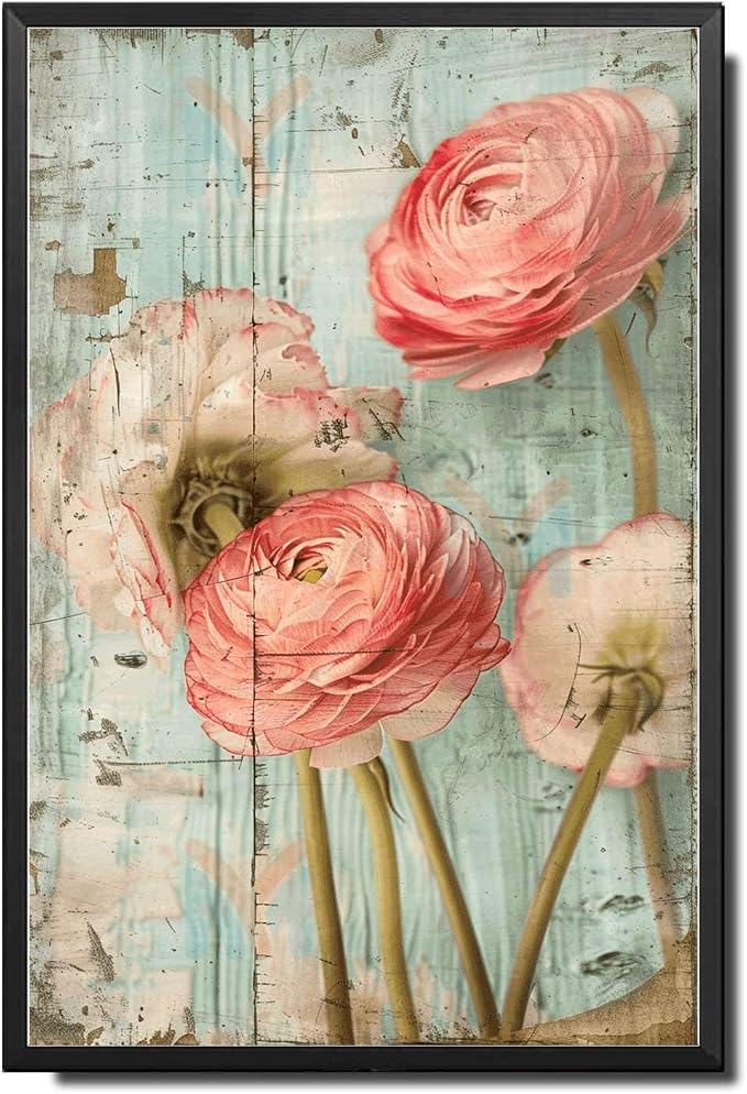 Metal Sign Tin Sign Vintage Wall Art Shabby Chic Ranunculus Tin Sign for Antique Floral Artistry Rustic Wall Art and Distressed Wood P Bar Sign for Room 12×16 Inches with Metal Frame