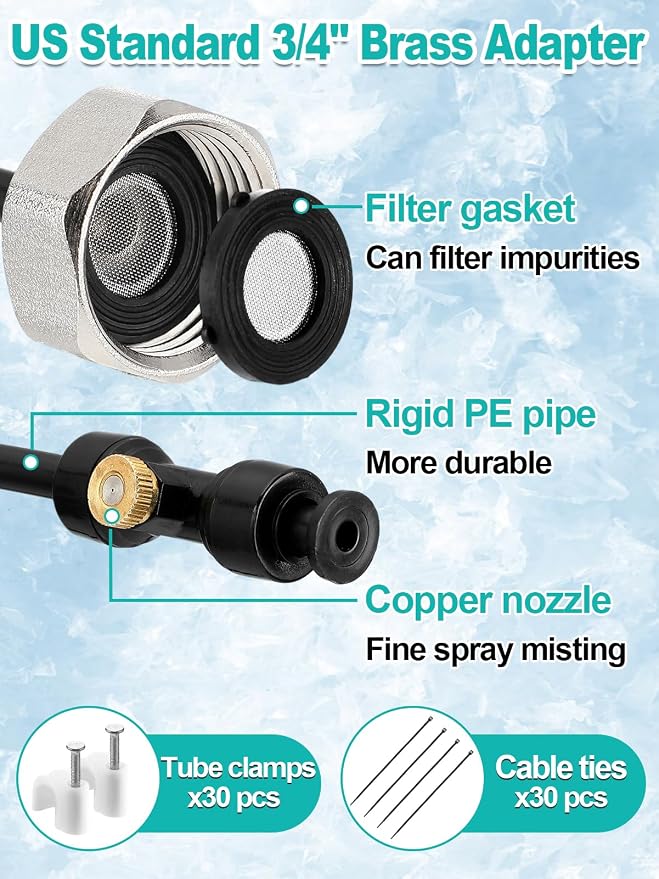Pre-Assembled Chicken Coop Misting System for Cooling - Leak-Resistant Mist Hose Kit for Summer Poultry Heat Relief, Included 26ft Line, 3/4" Adapter, 7 Brass Nozzles, Filter Gasket Accessories