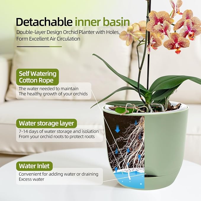 QCQHDU 7.2Inch Orchid Pots with Holes for Repotting, Double-Layer Plastic Self Watering Flower Pots for Indoor Plants with Drainage Holes, Clear Orchid Pot Match Decorative Orchid Container, 1Pack