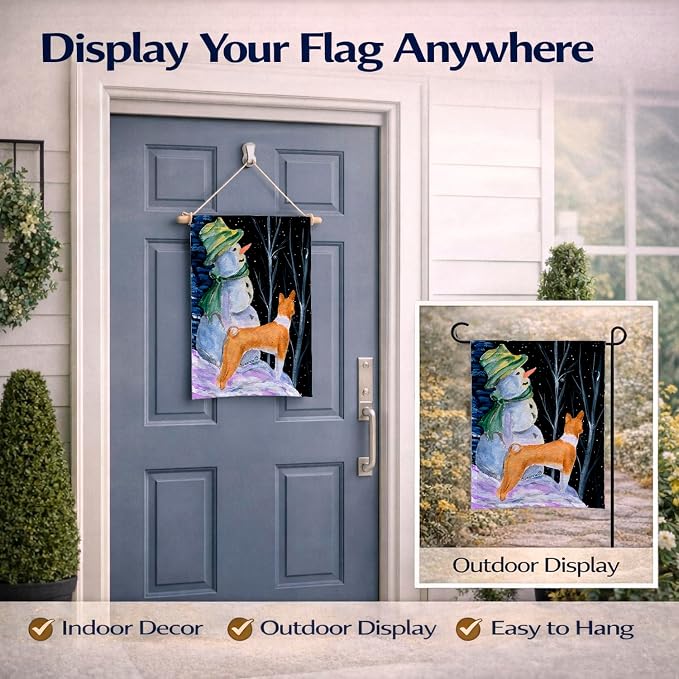 Caroline's Treasures SS8556GF Snowman with Basenji Garden Flag Mailbox Flag Decorative Yard Flag Banner Outside Patio Artwork Yard Flower Beds, Garden Size, Multicolor