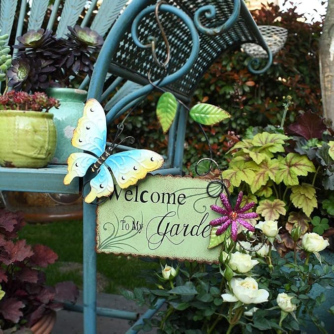 Linfevisi Metal Garden Welcome Sign Decor Rustic Hanging Plaque Decorative Garden Hanging Sign Garden Door Sign with Butterfly Daisy Outdoor Front Porch Yard 10 Inch (Blue, Green and Yellow)