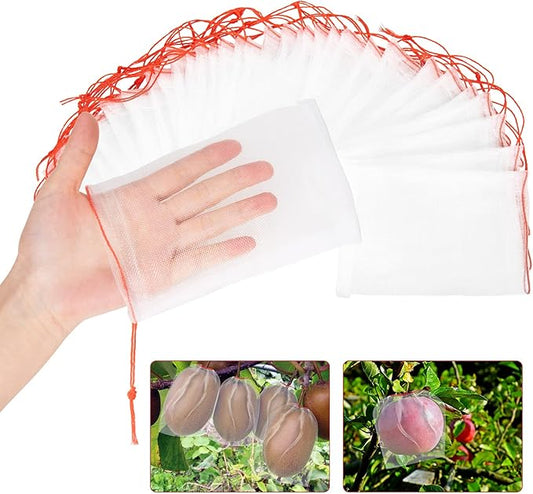 Kikhope Fruit Protection Bags, 6"x4" White Garden Netting Cover Bags 100Pcs | Fruit Netting Bags with Drawstring, Fruit Protection Netting Bags, Insect Bird Netting, Pest Barrier Bags, Garden Net