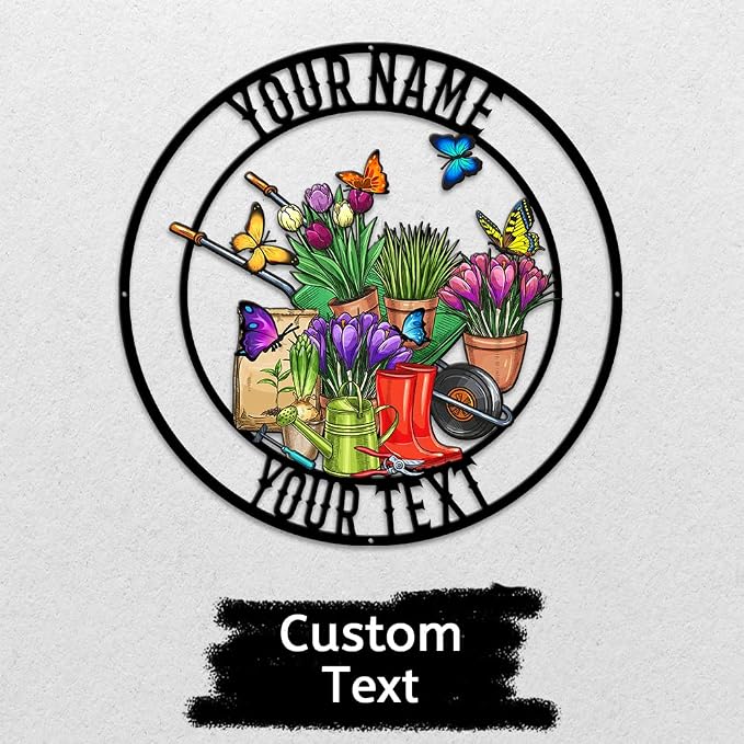 MeMate Flowers Garden Signs Outdoor Decor, Personalized Outdoor Metal Signs, Custom Name Garden Plaques Decoration for Potting Shed, She Shed, Gifts for Gardeners Women Grandma Mom