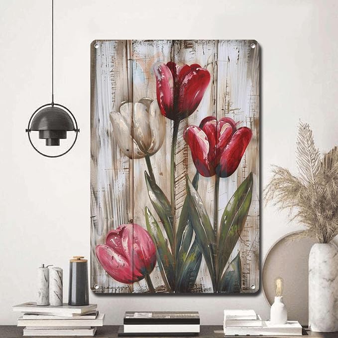 Metal Sign Tin Sign Vintage Wall Art Rustic Tulips Tin Sign for Vintage Style Gardens Shabby Chic Decor and Distressed Wood Panels Tin Sign Gift for Pub 8×12 Inches