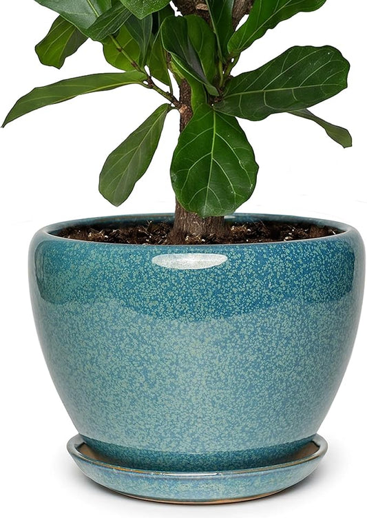 11 Inch Ceramic Plant Pot with Drainage Hole Mesh Net, Large Gardening Pots for Indoor Plants with Saucer, Crackle Blue