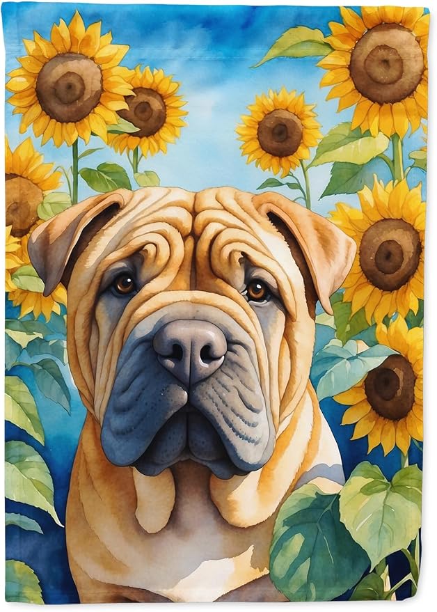 Caroline's Treasures DAC6159CHF Shar Pei in Sunflowers House Flag Large Porch Sleeve Pole Decorative Outside Yard Banner Artwork Wall Hanging, Polyester, House Size, Multicolor