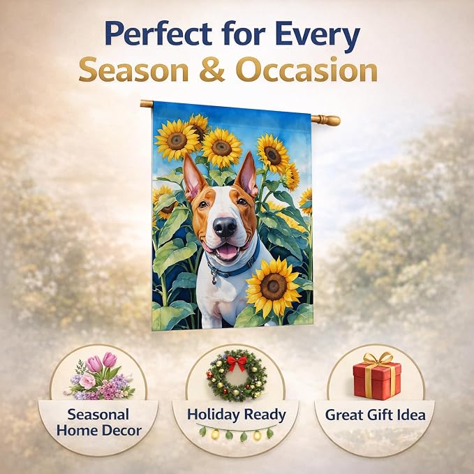 Caroline's Treasures DAC6070CHF English Bull Terrier in Sunflowers House Flag Large Porch Sleeve Pole Decorative Outside Yard Banner Artwork Wall Hanging, Polyester, House Size, Multicolor