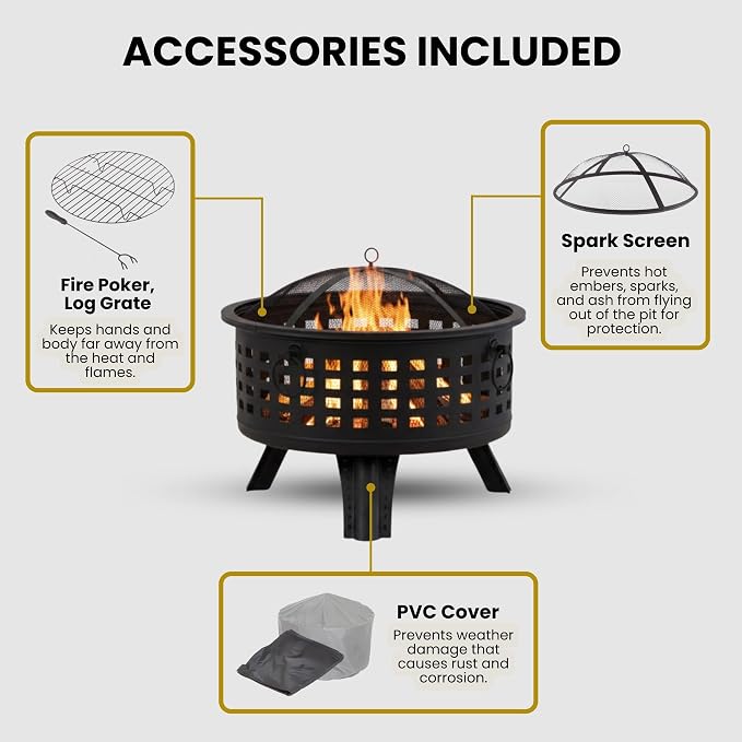 Outdoor Fire Pit - 26-Inch Round Lattice Wood Burning Firepit with Screen, Poker, Grate and Cover - Wood Fire Pits & Outdoor Fireplaces by Pure Garden