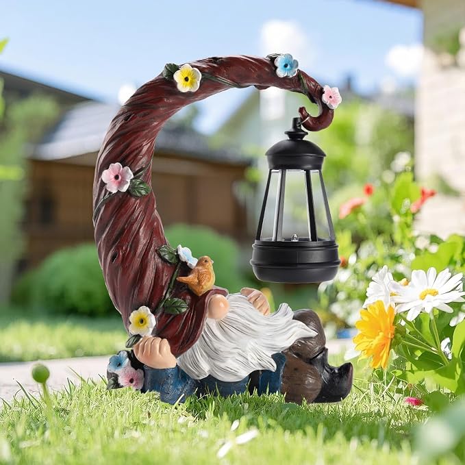 twinbling Garden Gnomes Outdoor Statue with Solar Light, Waterproof Resin Gnome Decor, Funny Garden Sculptures for Patio Lawn Yard, Mom Gifts for Mother’s Day Housewarming