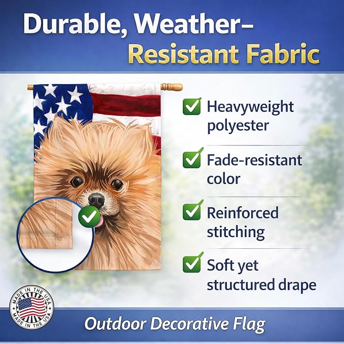 Caroline's Treasures CK6655CHF Pomeranian Dog American Flag House Flag Large Porch Sleeve Pole Decorative Outside Yard Banner Artwork Wall Hanging, Polyester, House Size, Multicolor