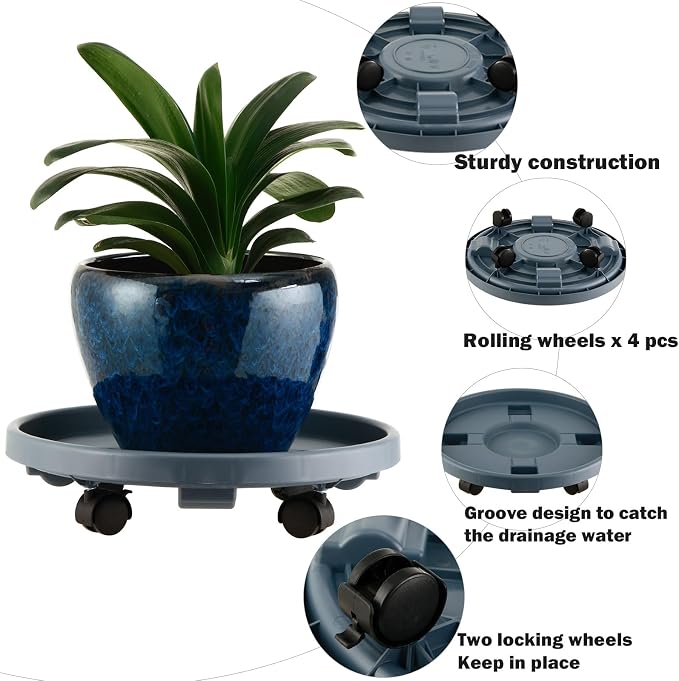 5 Pakcs Large Plant Caddy with Wheels 15.8" Rolling Plant Stands Heavy-duty Plastic Plant Roller Base Pot Movers Plant Saucer on Wheels Indoor Outdoor Plant Dolly with Caster Tray Coaster Grey