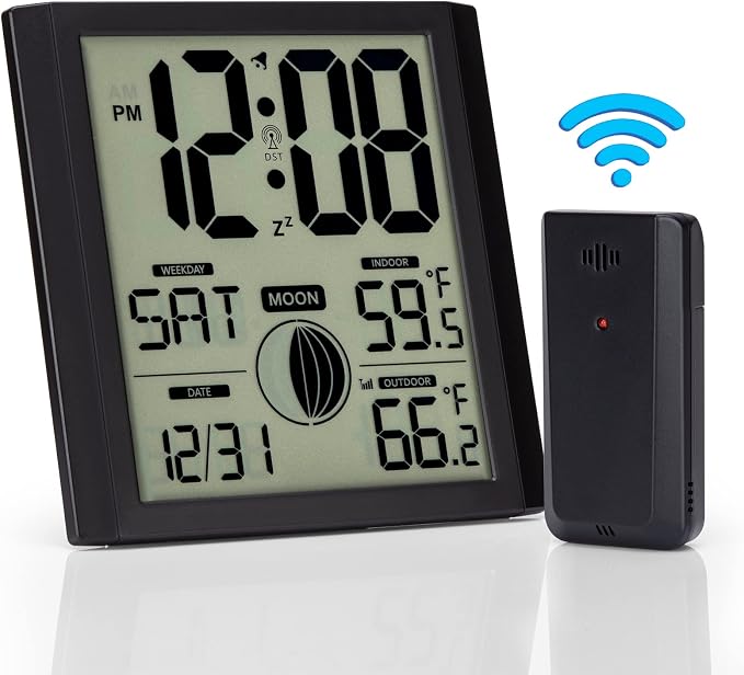 Atomic Wall Clock with Indoor/Outdoor Temp Large Number Display | Wall Clock Battery Operated, Alarm Clock,Silent,Analog,Modern,Digital,for Bedroom Dementia Seniors Desk Office Kitchen