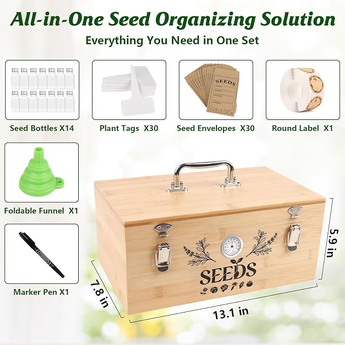 Seed Storage Organizer Box with Built-in Hygrometer, Natural Bamboo Seed Saving Box with Seal Design Lid, Safety Lock & Solid Handles, Extra Seed Envelopes and Labels – Great Gift for Gardeners (Wood)