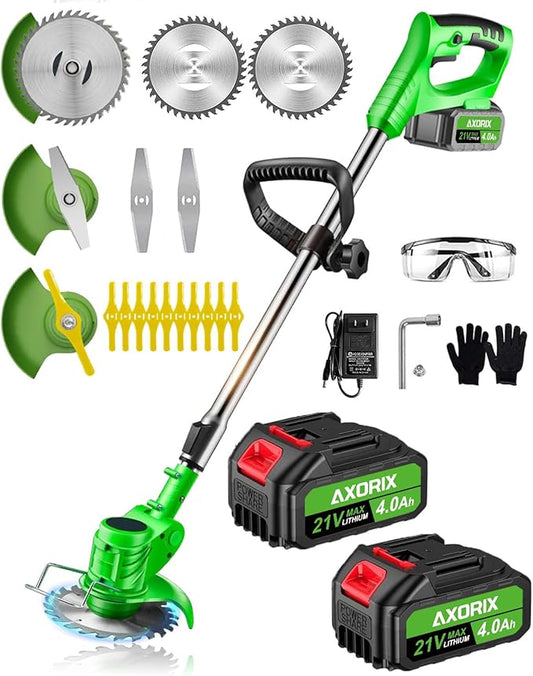 21V Weed Wacker Cordless, Electric Weed Eater Battery Powered | 2Pcs 4000mAh Batteries, 3 Types Blades, Lightweight Cordless Brush Cutter, Stringless Grass Trimmer, Green