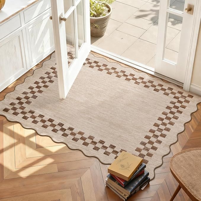 GarveeHome Small Scalloped Rug 2x3 Washable Modern Checkered Entry Rugs | Solid Color Kitchen Rugs, Bedroom Doormat, Non Slip Stain Resistant Bordered Throw Carpet for Living Room Nursery, Beige