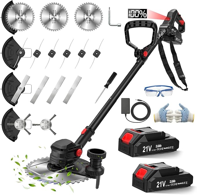 21V Cordless Weed Wacker Lawn Edger, 4.6lbs Lightweight Battery Powered String Trimmer, 4-in-1 Brush Cutter with Metal Blades, Wire Brush & Guide Wheel for Garden Edging (2 Batteries, 2.0Ah)