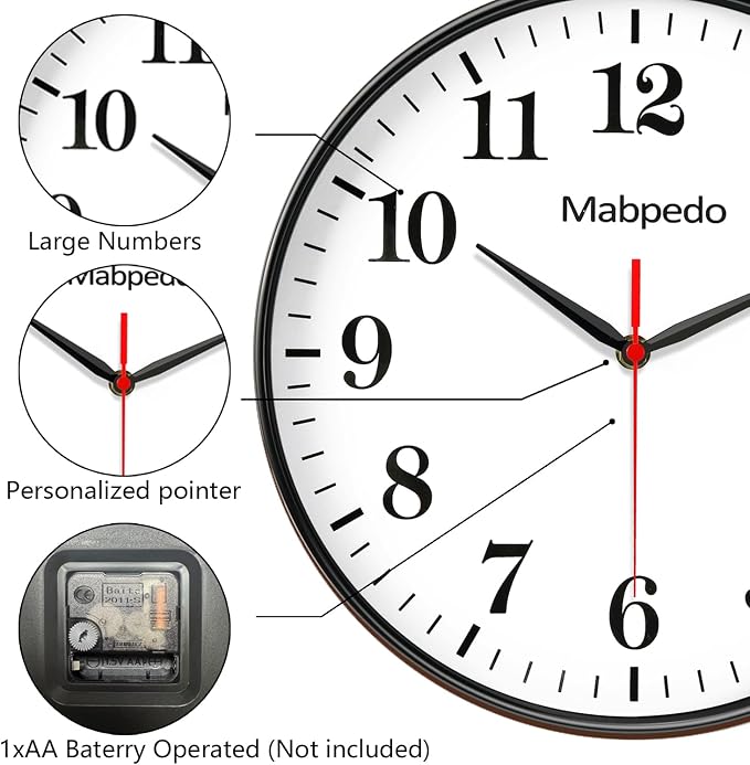 Black Wall Clock, 10 Inch Wall Clocks Battery Operated, Large Number Classic Silent Non Ticking Quartz Analog Decorative Wall Clocks for Living Room Bedroom Kitchen Gym Office School Hotel