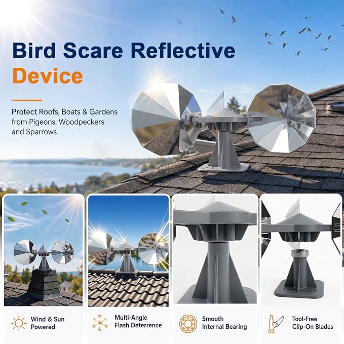 2 Pack Bird Scare Reflective Device with ABS Base for Outside | 3 Polygonal Double-Sided Chrome Blades, Outdoor Bird Reflectors for Pigeons Woodpeckers and Sparrows for Roof Garden Boat