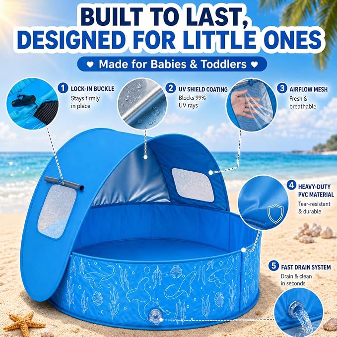 Kids Pool with Canopy, Foldable Pop Up Kiddie Pool with Shade, 35.4 Inch | Includes Carrying Bag, Portable for Backyard and Beach Water Play, Suitable for Kids