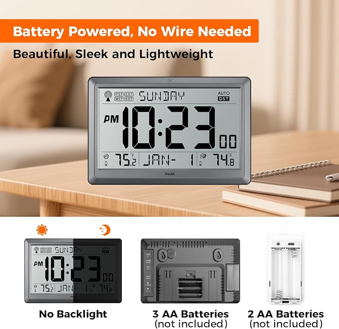 HODIK Wall Clock Atomic with Indoor Outdoor Temperature Battery Powered, Easy Reading with 10.5 Inch LCD Display, 330FT Range Table Wall Clock with DST, 12/24 Hour for Living Room Kitchen (Silver)