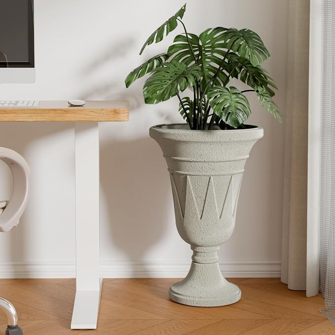 Tall Urn Planters for Outdoor Plants Set of 2-23.6" H Vintage Trophy Design Outdoor Planters for Porch Decor with Drainage Hole, Indoor Large Flower Pots, Pedestal Planter/Garden Vase, Beige