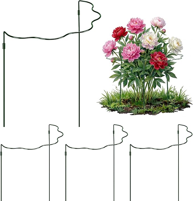 Pelopy 4 Pack Metal Scalloped Plant Support Stakes, Green Heavy Duty Metal Stakes for Outdoor Garden Plant Flower Peony Rose Perennials & Flowering Bush Support, 18" x 35"