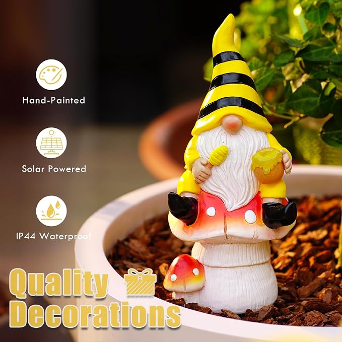 Solar Gnome on Mushroom Decor for Yard Decorations | 10 Inch Gnome Statue Decor for Outdoor,Perfect Garden Gifts for Women,Mom