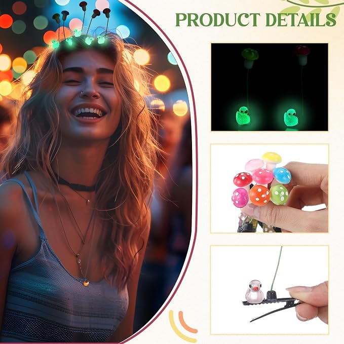 Tigeen 100 Pcs Glow Rave Trinkets Festival Duck Hair Clip with Bean Sprout Mushroom Sprout Hairpins Holiday Funny Plant Flower Hair Accessories for Women Music Festival