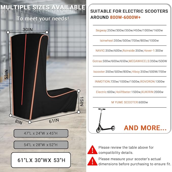 Electric Scooter Cover, 360° Full Coverage, 61" L x 30" W x 53" H | Universal Outdoor Waterproof E-Scooter Storage Cover, Dustproof Sun Protection, Fit 800W to 6000W E-Scooters, All Season