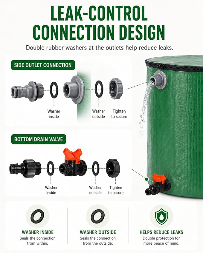 200 Gallon Collapsible Rain Barrel, Rain Water Collection Barrel System Kit, Collapsible Water Tank with 2 Spigots and Overflow Kit, Portable Rain Water Catcher for Garden, Green (2 Pack)