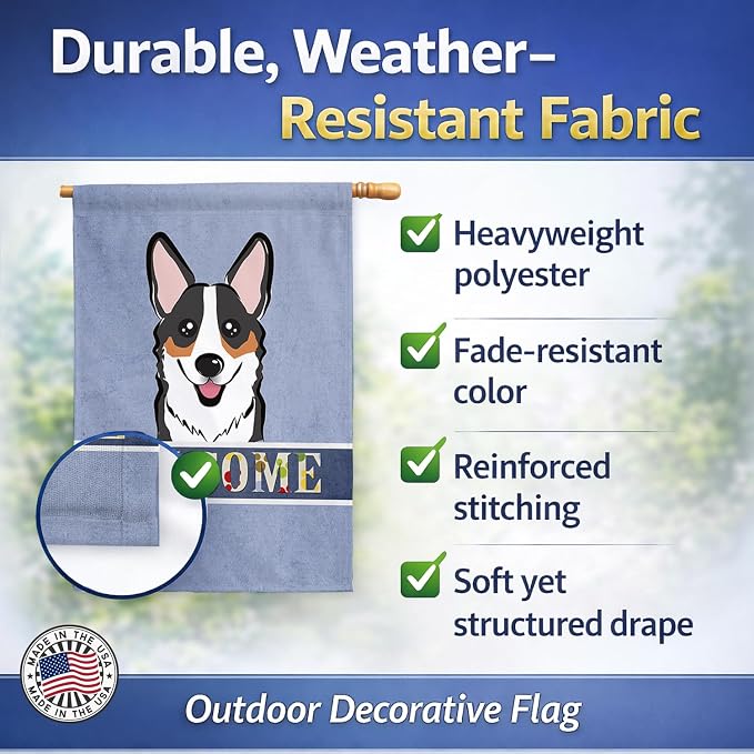 Caroline's Treasures BB1441CHF Tricolor Corgi Welcome House Flag, Blue Large Porch Sleeve Pole Decorative Outside Yard Banner Artwork Wall Hanging, Polyester, House Size, Multicolor