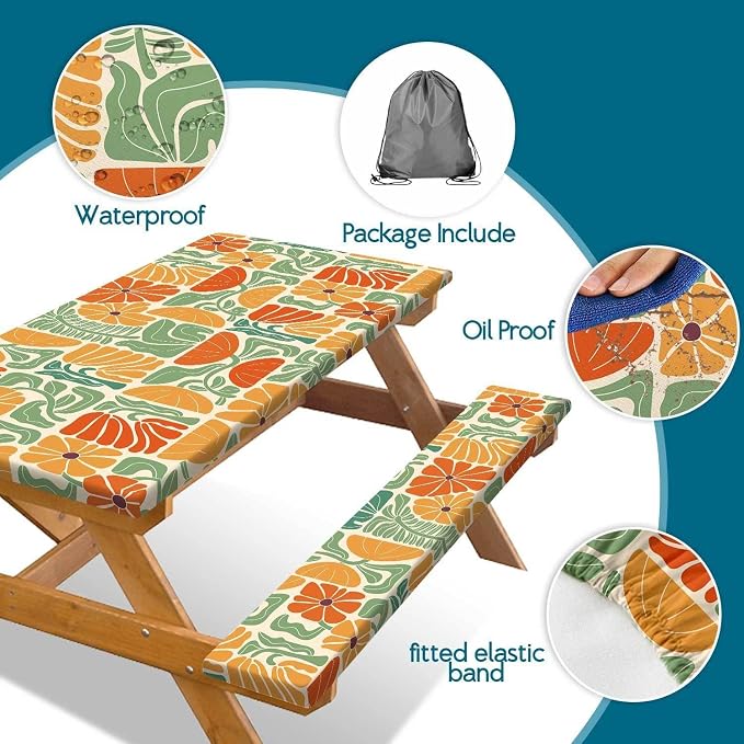 Picnic Table Covers with Bench Covers Boho Patchwork Orange Green Flower Pattern Camping Tablecloth Fitted Picnic Table Cover with Elastic Windproof Waterproof, Camping Accessories Outdoor, 60In 3PCS